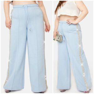 Plus Size Poster Grl Rhinestone Drawstring Track Pants Blue Festival Vacation